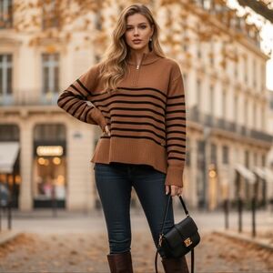 🍀DKNY Classy 1/4 Zip Womens Brown and Black Striped Sweater Large 3/$25